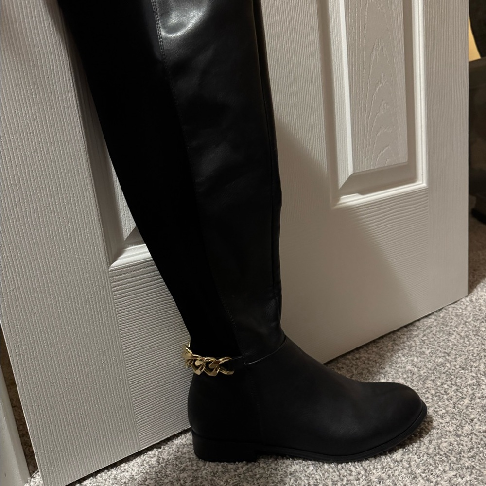 Steve Madden Black Over the Knee Boots with Gold Chain
